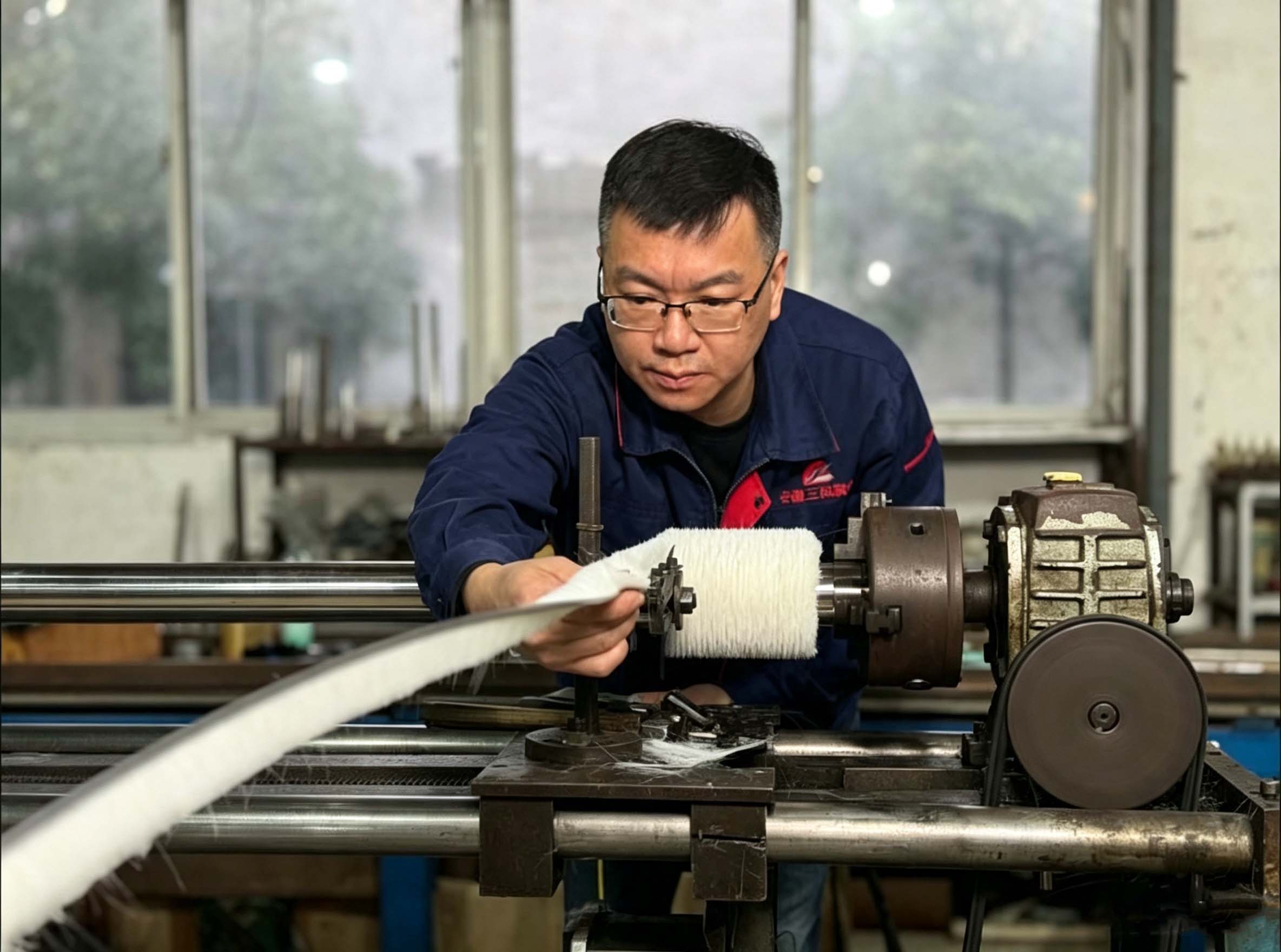 Skilled craftsman manufacturing industrial brush on precision machinery