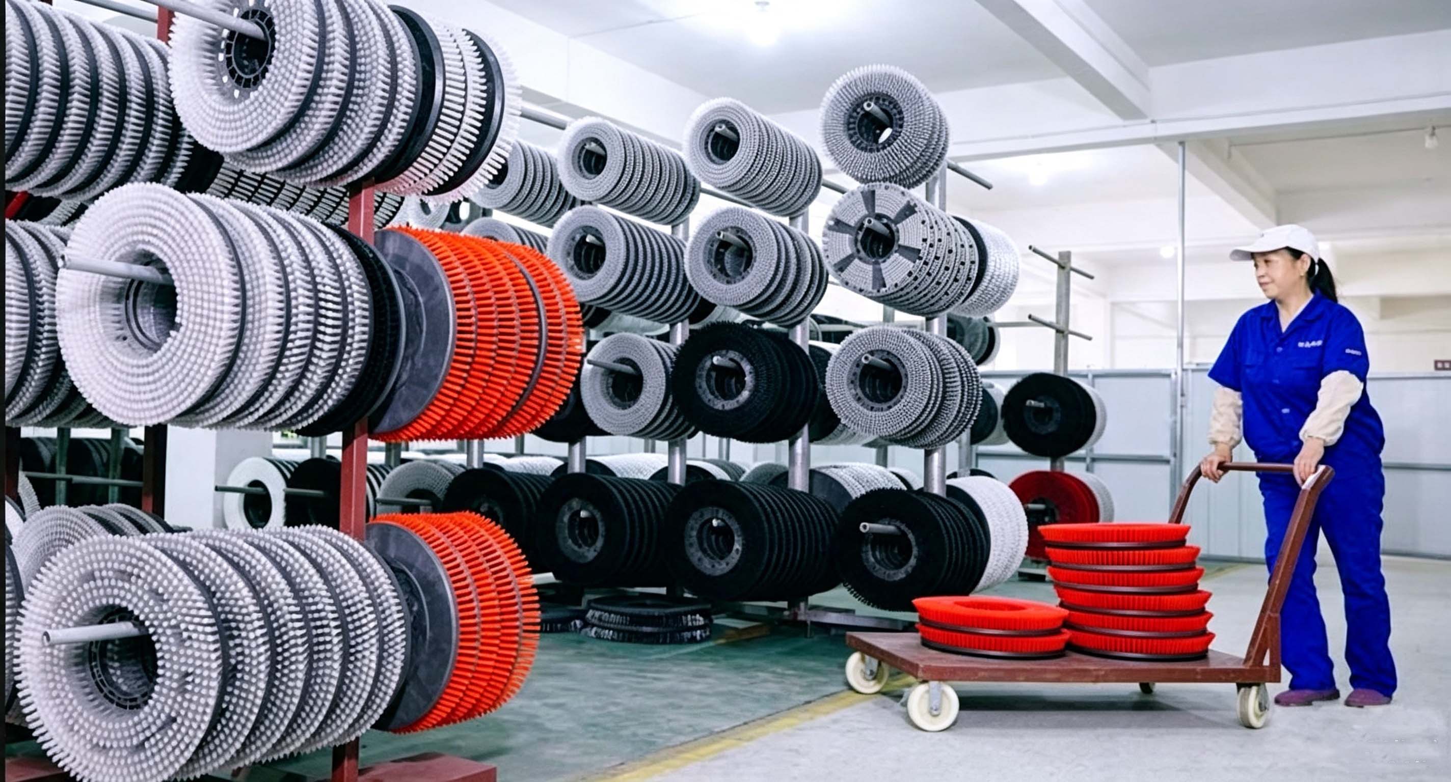 Large-scale brush factory warehouse with rows of industrial brushes ready for global delivery